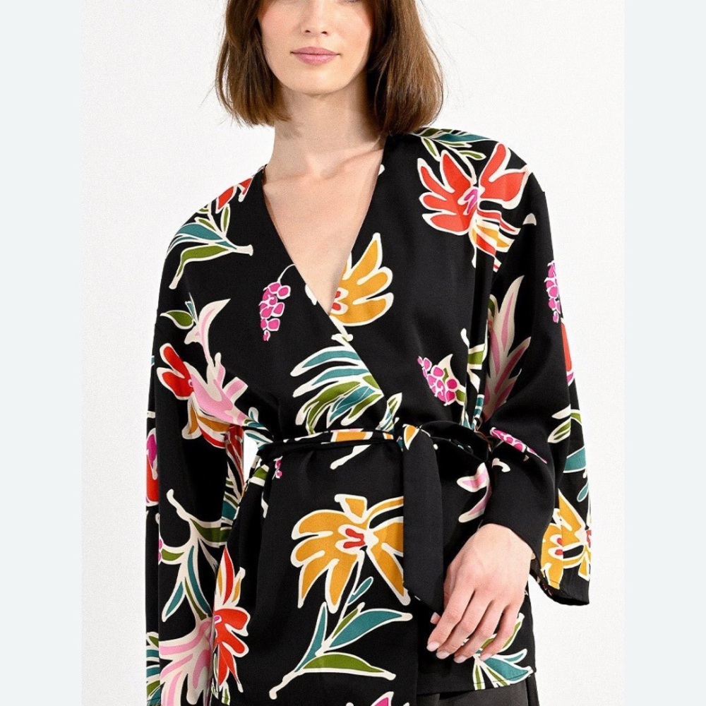 Molly Bracken Black and Red Floral kimono Top